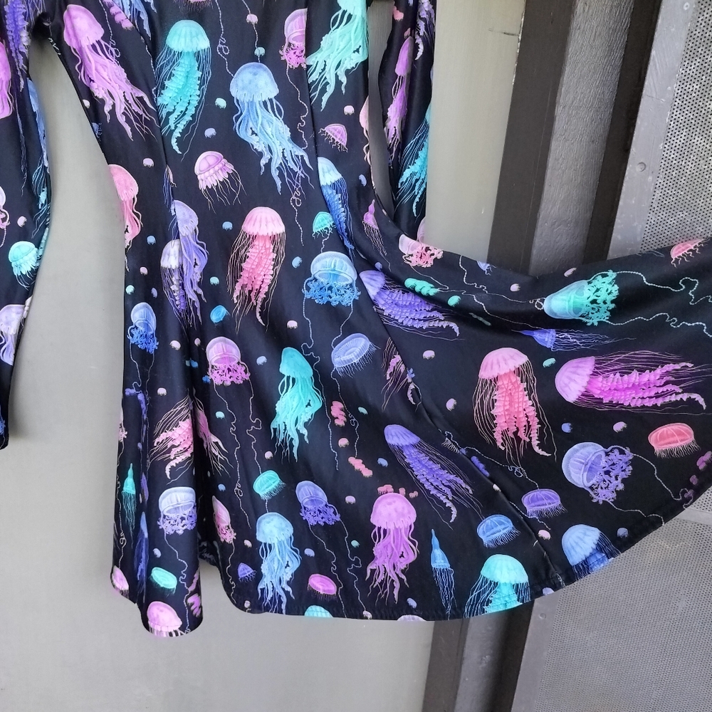 BlackMilk Long Sleeved Fit and Flare High Neck Jellyfish Mini Dress - Picture 3 of 7